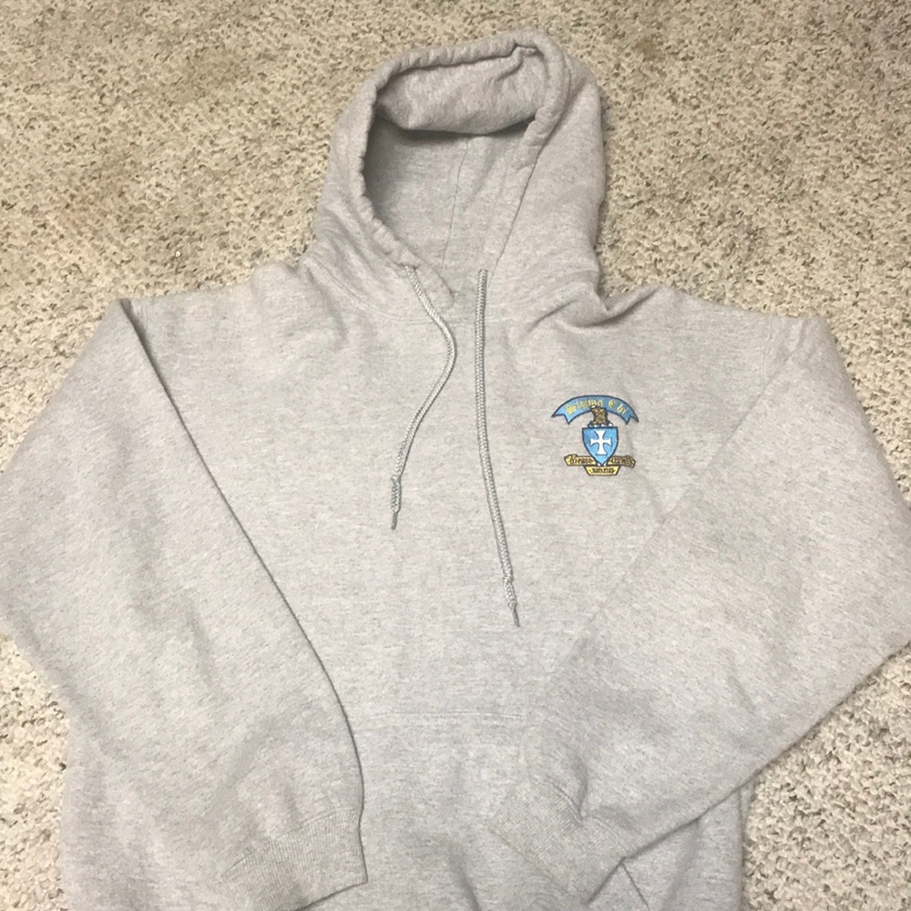 Gray hoodie. Sigma Chi Fraternity embroidery.